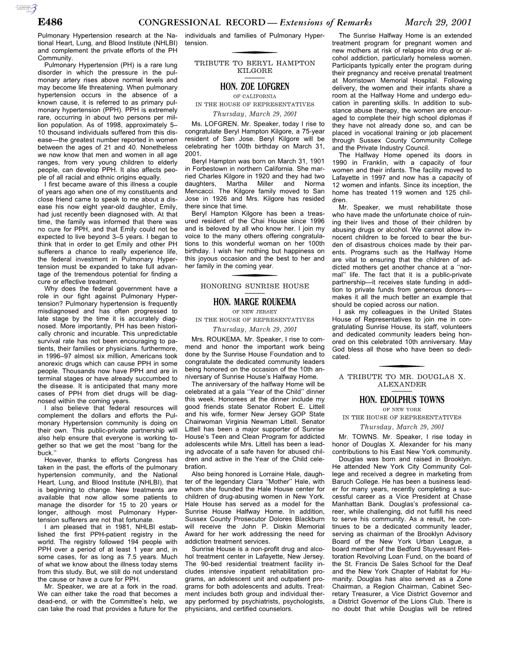 CONGRESSIONAL RECORD— Extensions of Remarks E486 HON. ZOE LOFGREN HON. MARGE ROUKEMA HON. EDOLPHUS TOWNS