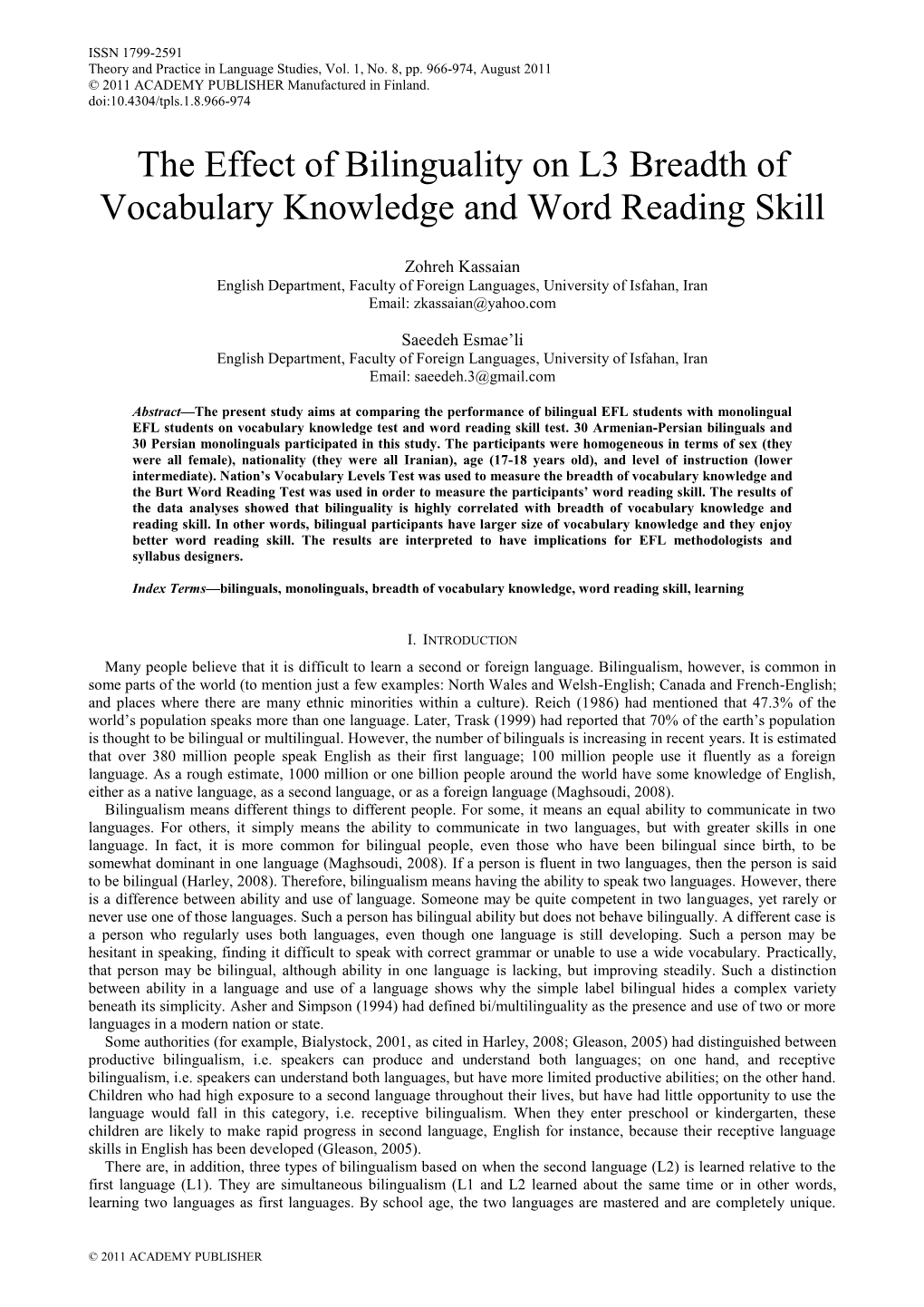 The Effect of Bilinguality on L3 Breadth of Vocabulary Knowledge and Word Reading Skill