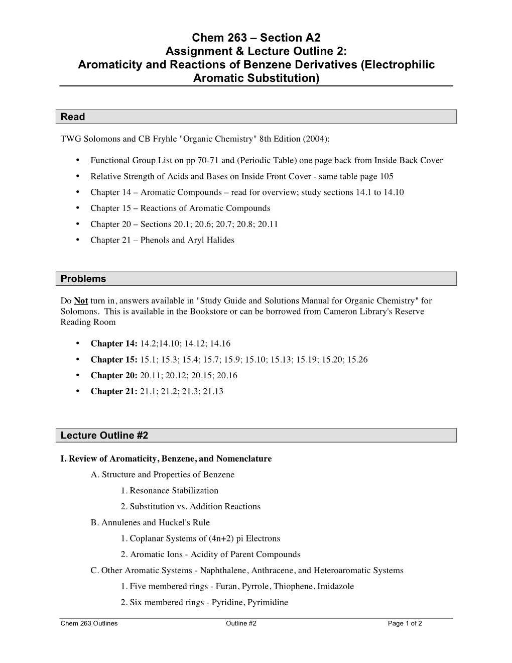 Chem 263 – Section A2 Assignment & Lecture Outline 2: Aromaticity And