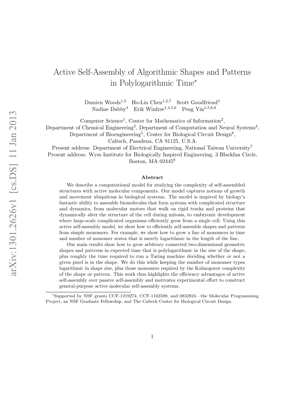 Active Self-Assembly of Algorithmic Shapes and Patterns in Polylogarithmic Time∗