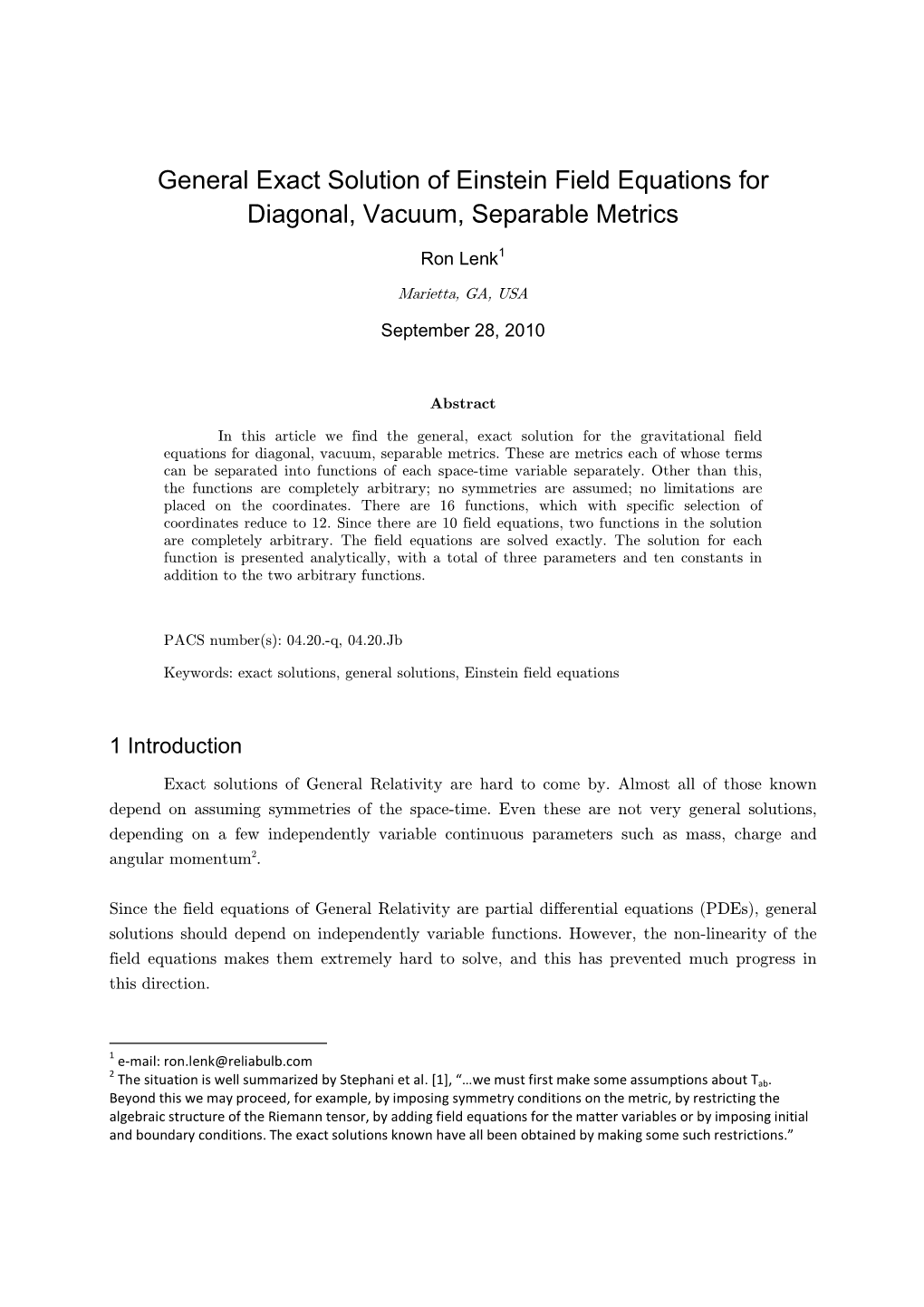 Einstein Field Equations for Diagonal, Vacuum, Separable Metrics