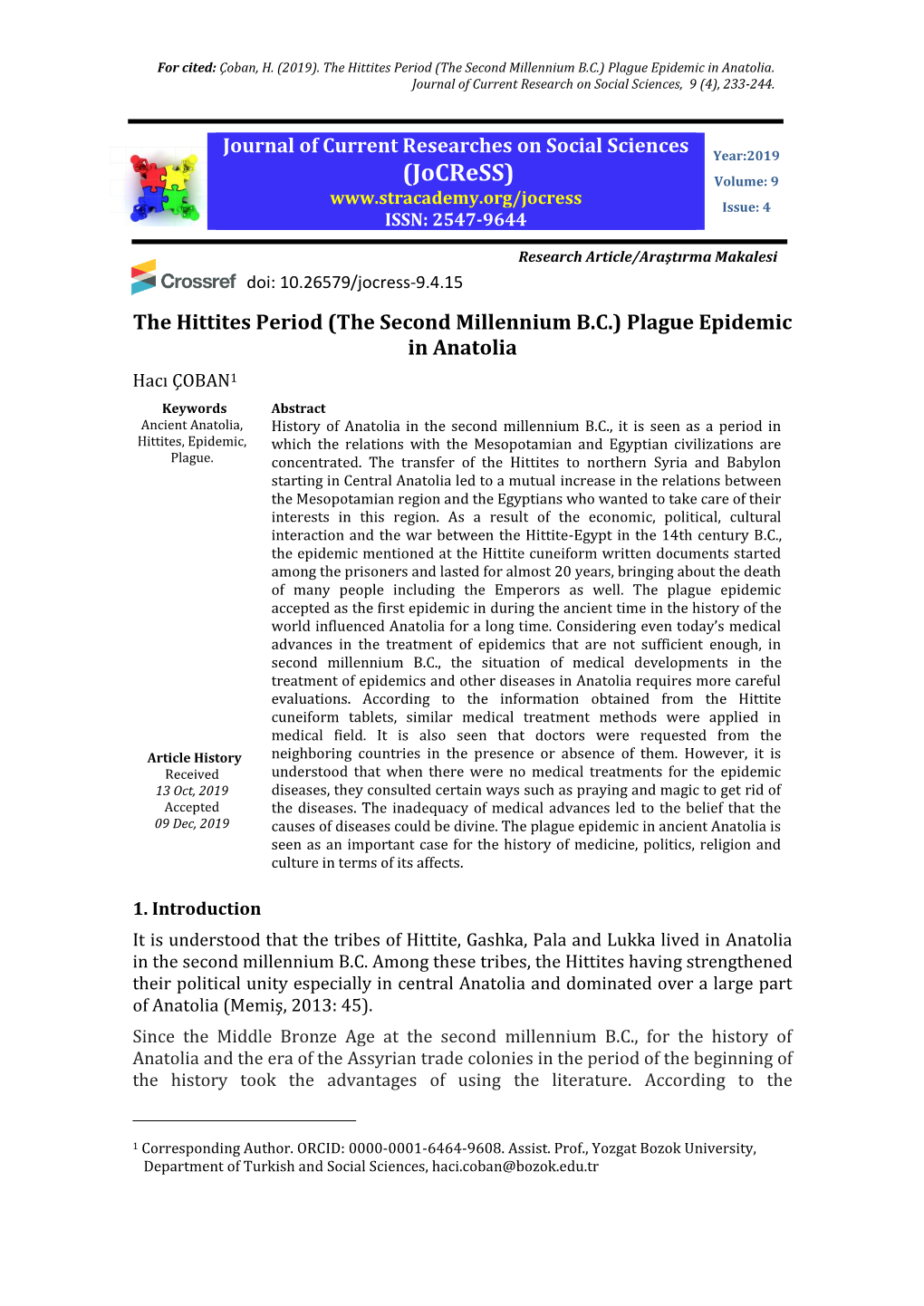 The Hittites Period (The Second Millennium B.C.) Plague Epidemic in Anatolia