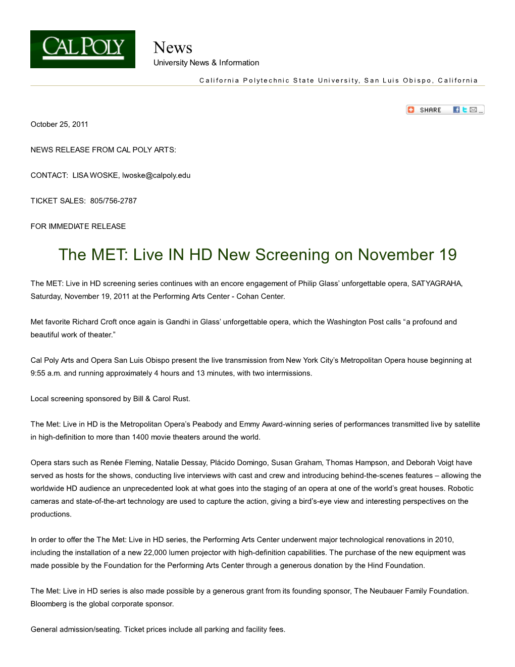 Live in HD New Screening on November 19