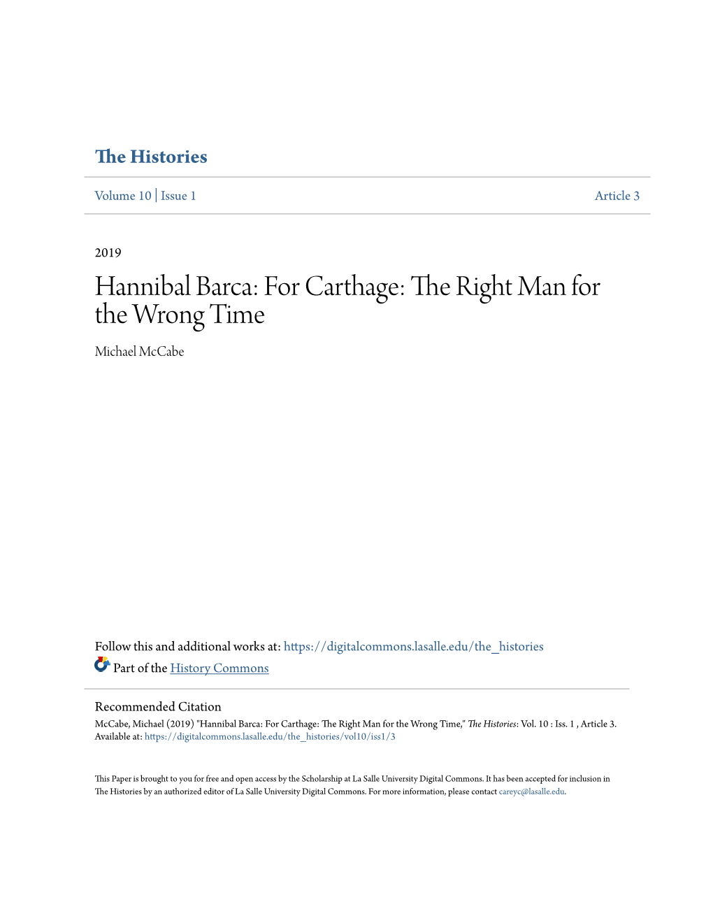 Hannibal Barca: for Carthage: the Right Man for the Wrong Time Michael Mccabe