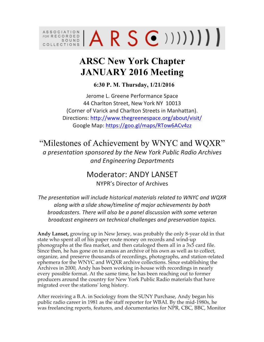 ARSC New York Chapter JANUARY 2016 Meeting