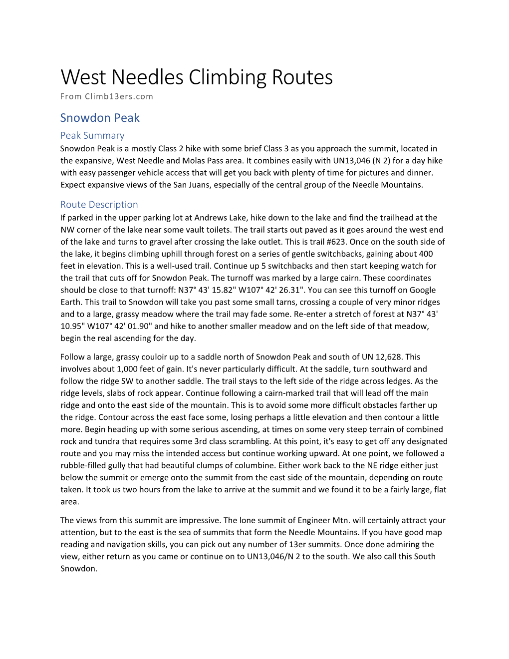 West Needles Climbing Routes