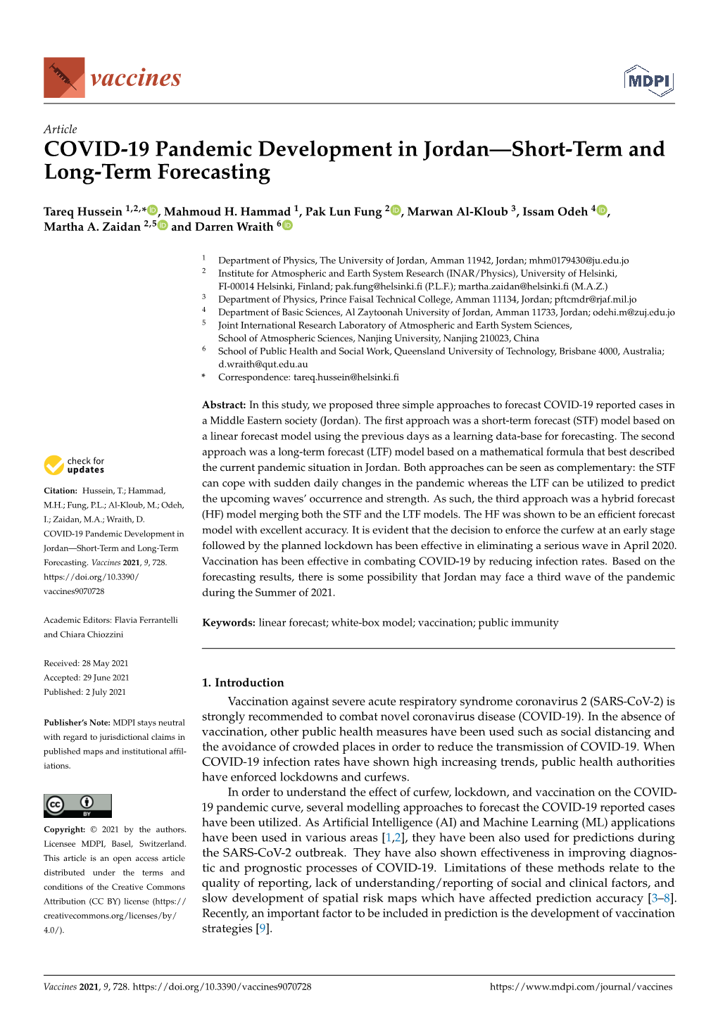 COVID-19 Pandemic Development in Jordan—Short-Term and Long-Term Forecasting