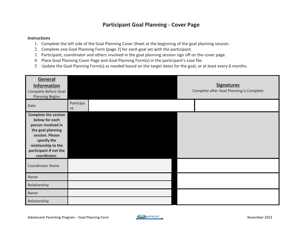 Participant Goal Planning - Cover Page