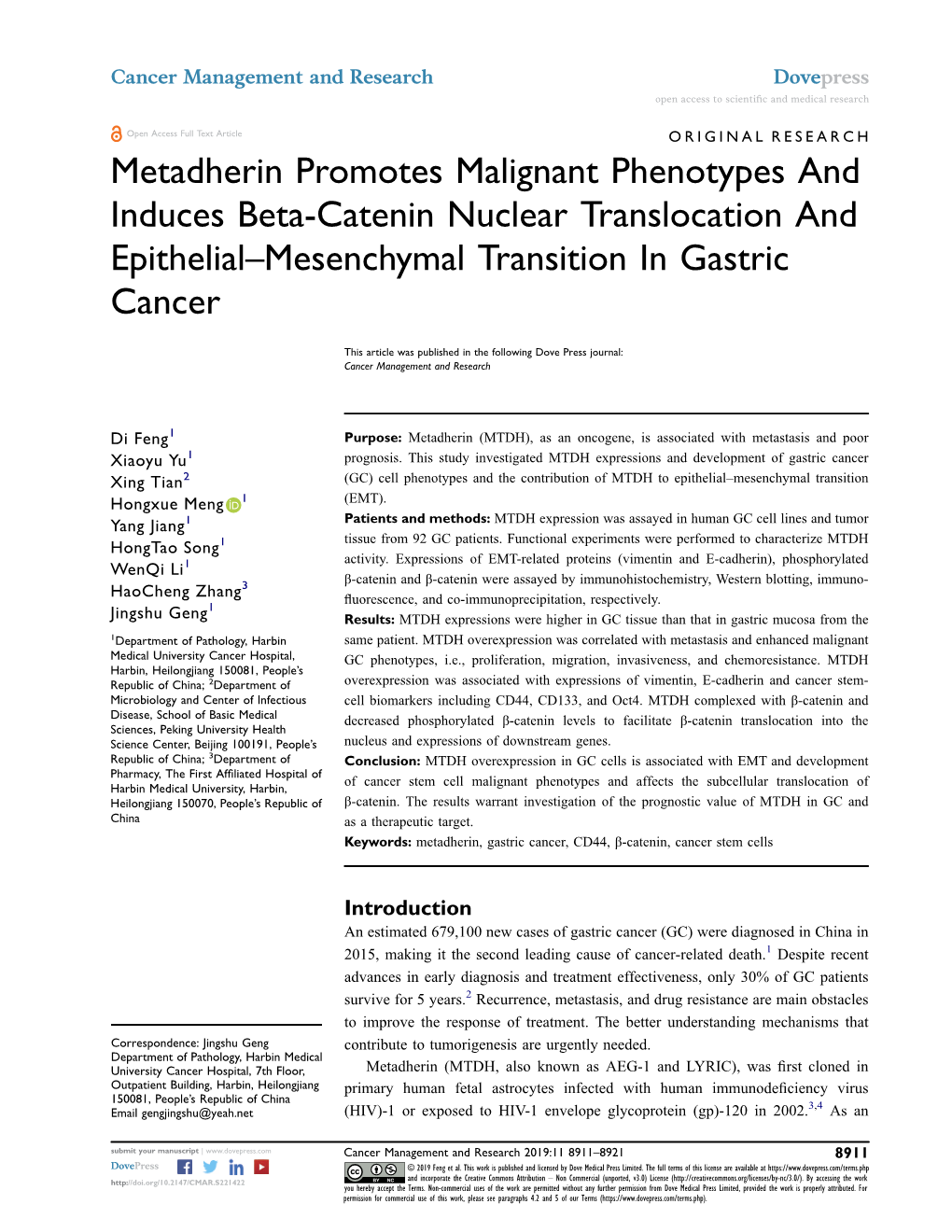 Metadherin Promotes Malignant Phenotypes and Induces Beta-Catenin Nuclear Translocation and Epithelial–Mesenchymal Transition in Gastric Cancer