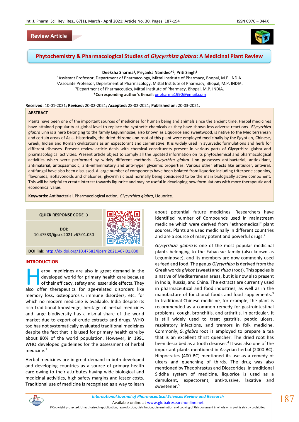 Phytochemistry & Pharmacological Studies of Glycyrrhiza Glabra