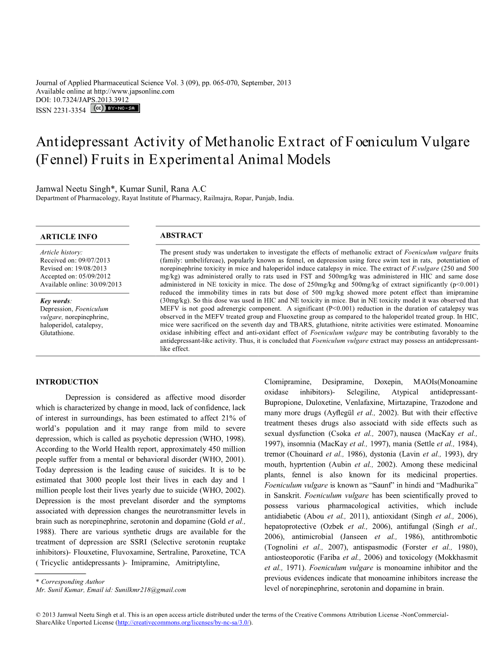 Antidepressant Activity of Methanolic Extract of Foeniculum Vulgare (Fennel) Fruits in Experimental Animal Models