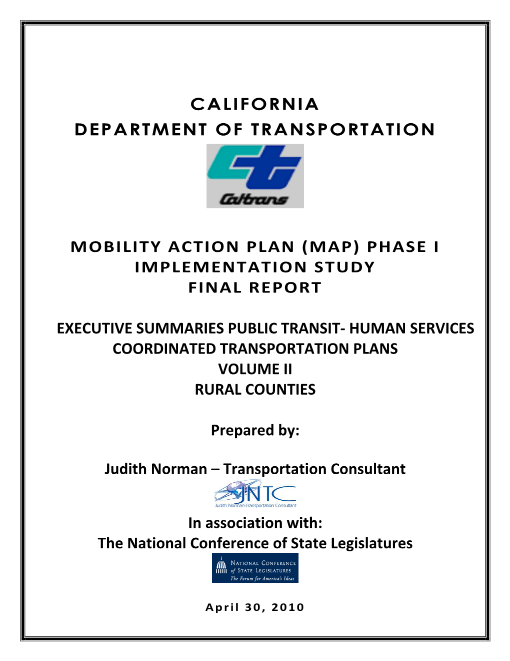 Mobility Action Plan (Map) Phase I Implementation Study Final Report Executive Summaries Public Transit- Human Services Coordina