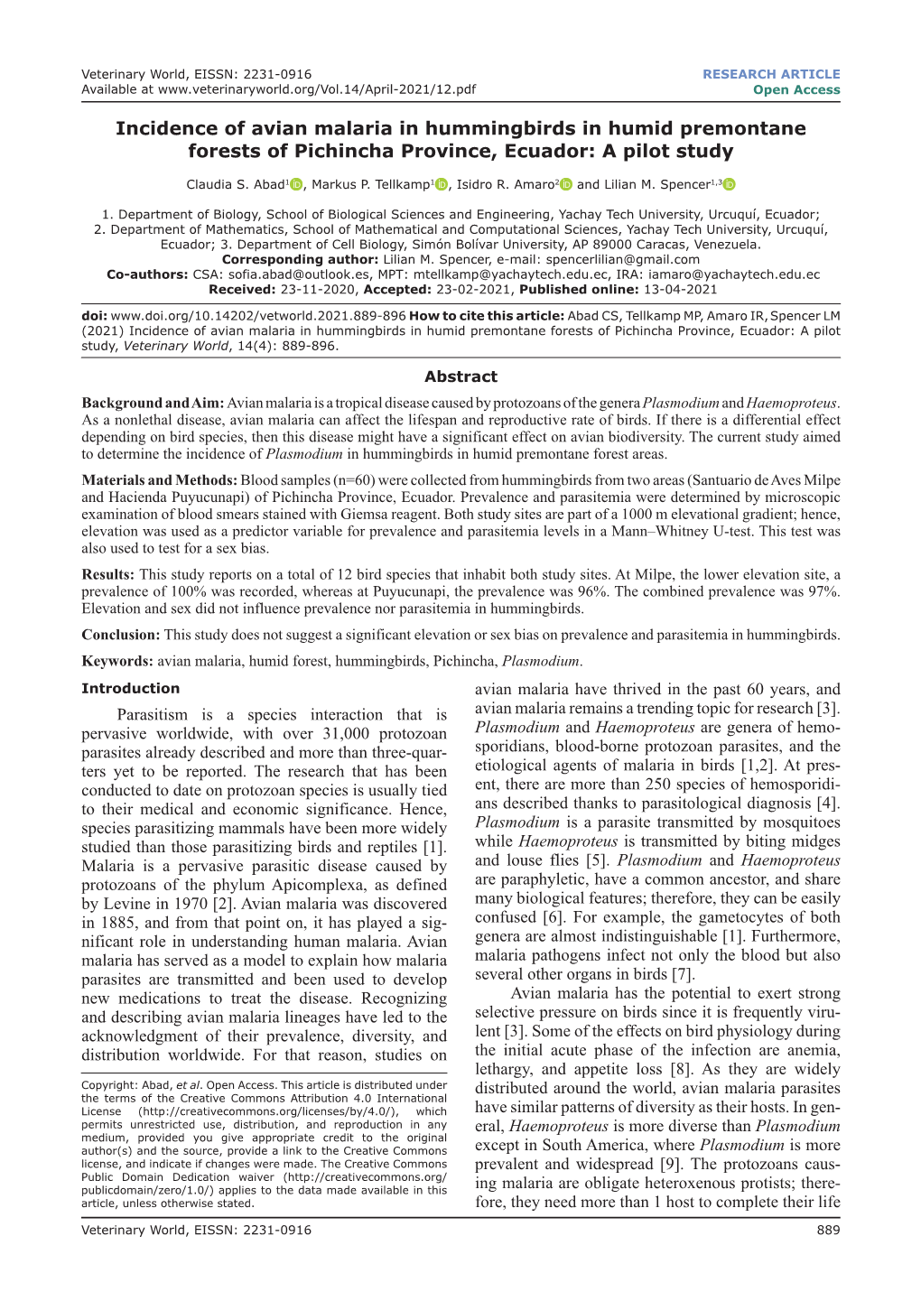 Incidence of Avian Malaria in Hummingbirds in Humid Premontane Forests of Pichincha Province, Ecuador: a Pilot Study