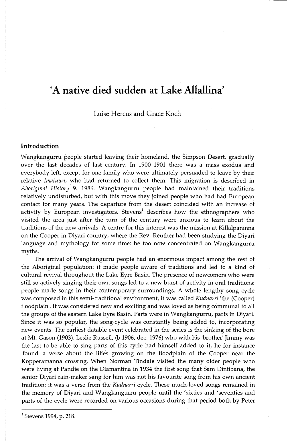 'A Native Died Sudden at Lake Allallina'