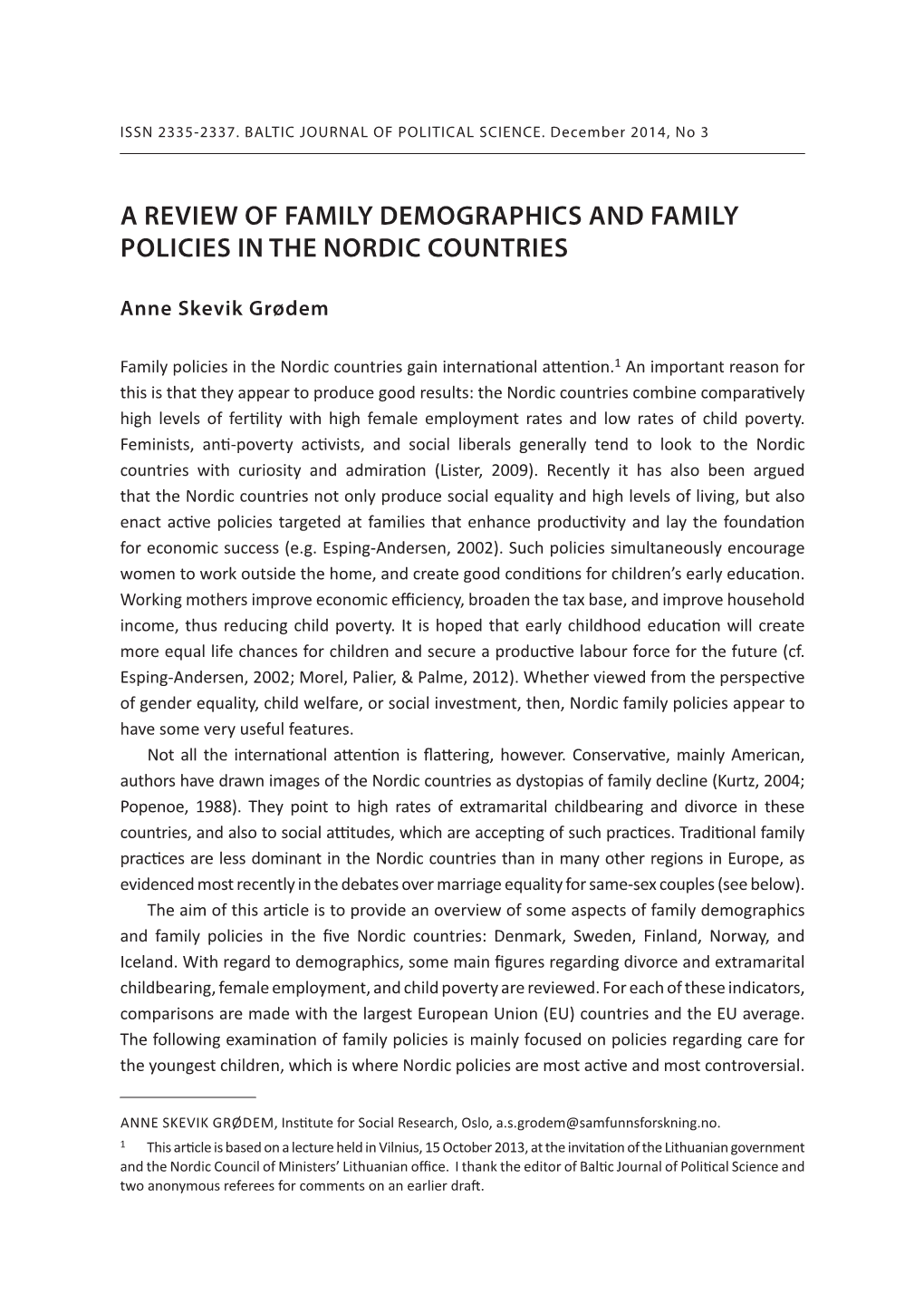 A Review of Family Demographics and Family Policies in the Nordic Countries