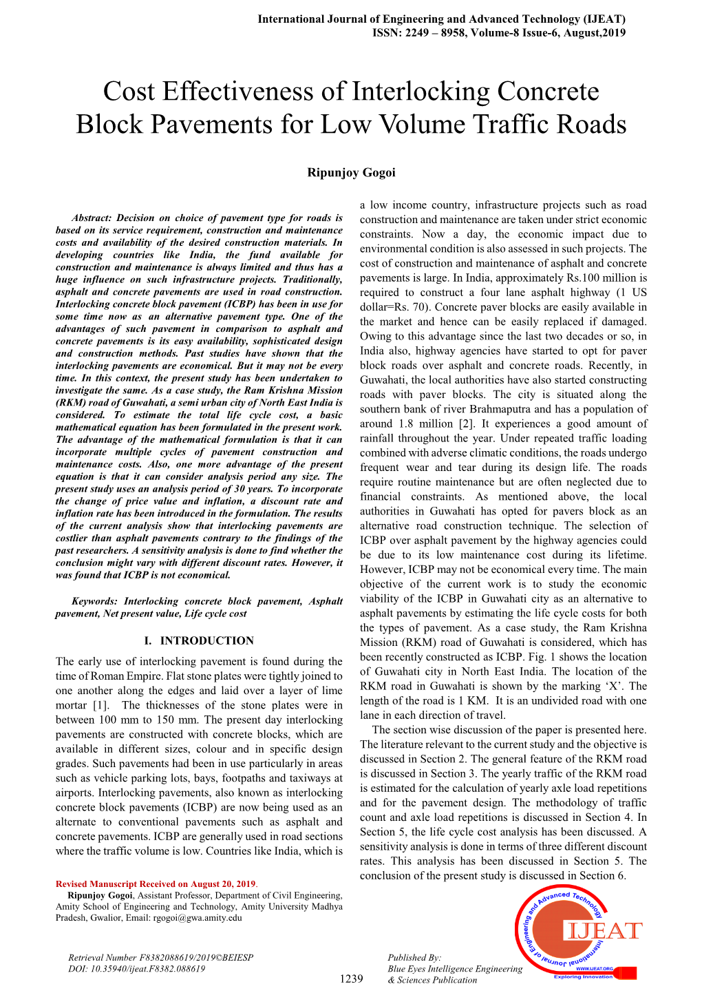 Cost Effectiveness of Interlocking Concrete Block Pavements for Low Volume Traffic Roads