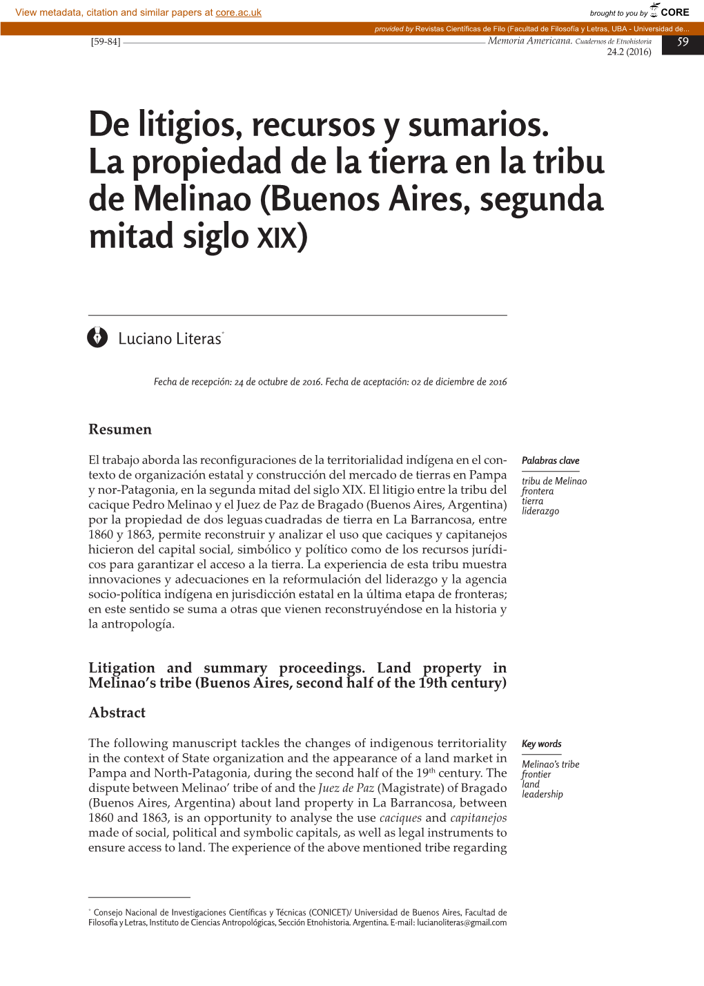 De Litigios, Recursos Y Sumarios. La Propiedad De La Tierra En La Tribu De Melinao (Buenos Aires, Segunda Mitad Siglo XIX)
