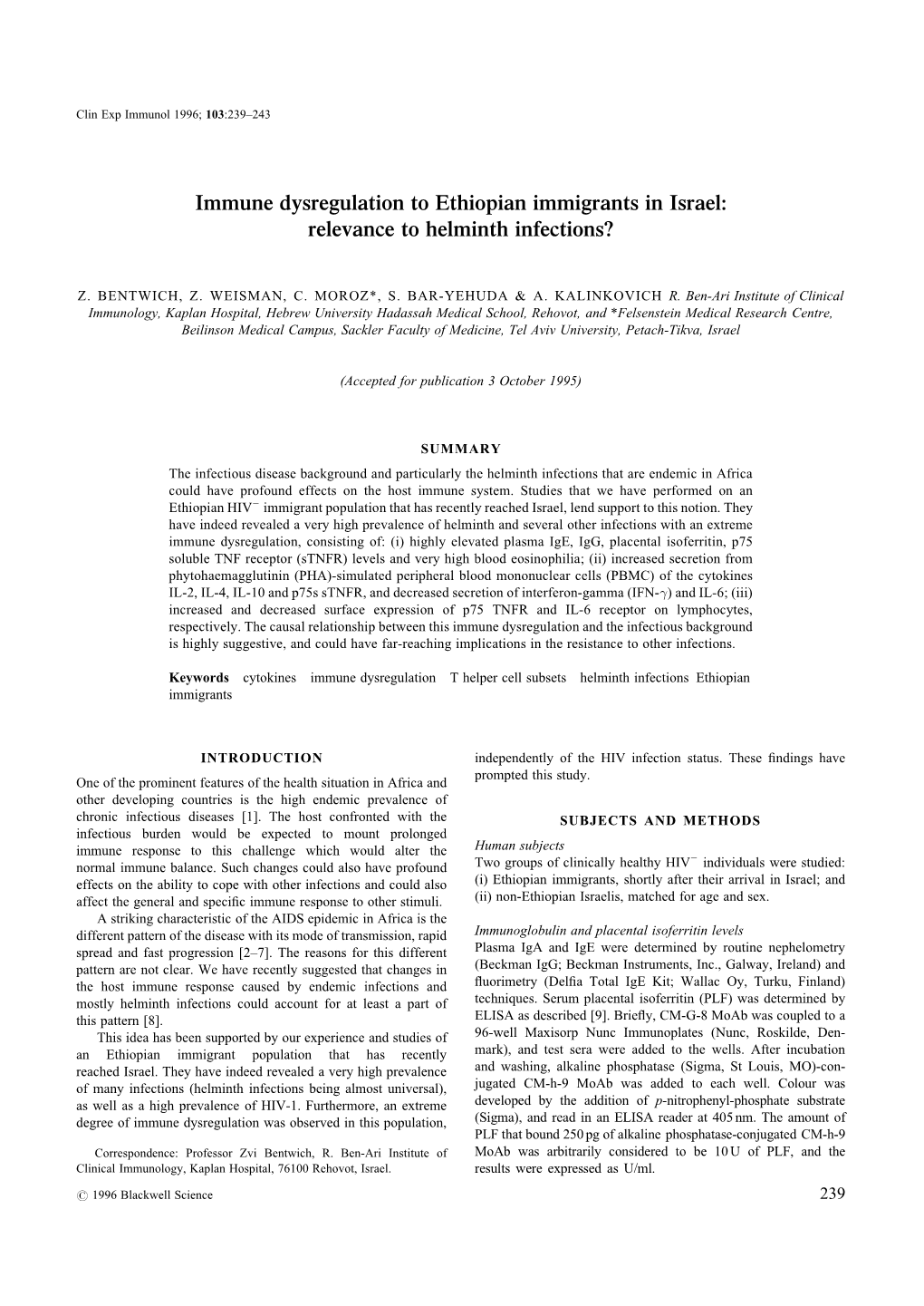 Immune Dysregulation to Ethiopian Immigrants in Israel: Relevance to Helminth Infections?