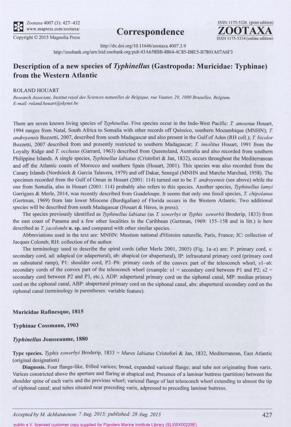 ISSN 1175-5326 (Print Edition) Correspondence ZOOTAXA