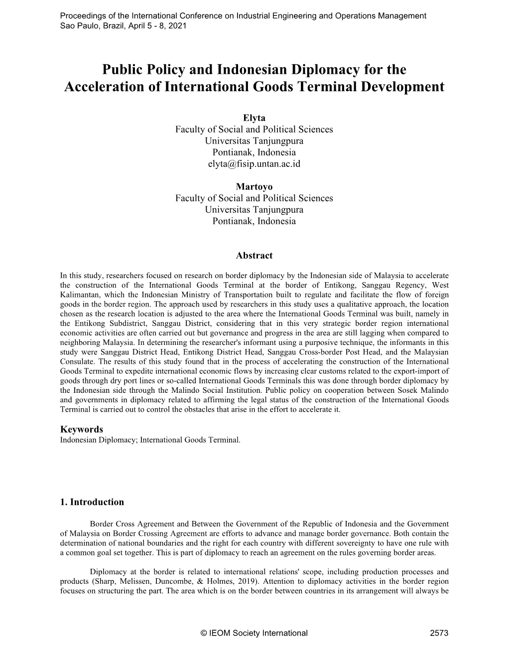 Public Policy and Indonesian Diplomacy for the Acceleration of International Goods Terminal Development