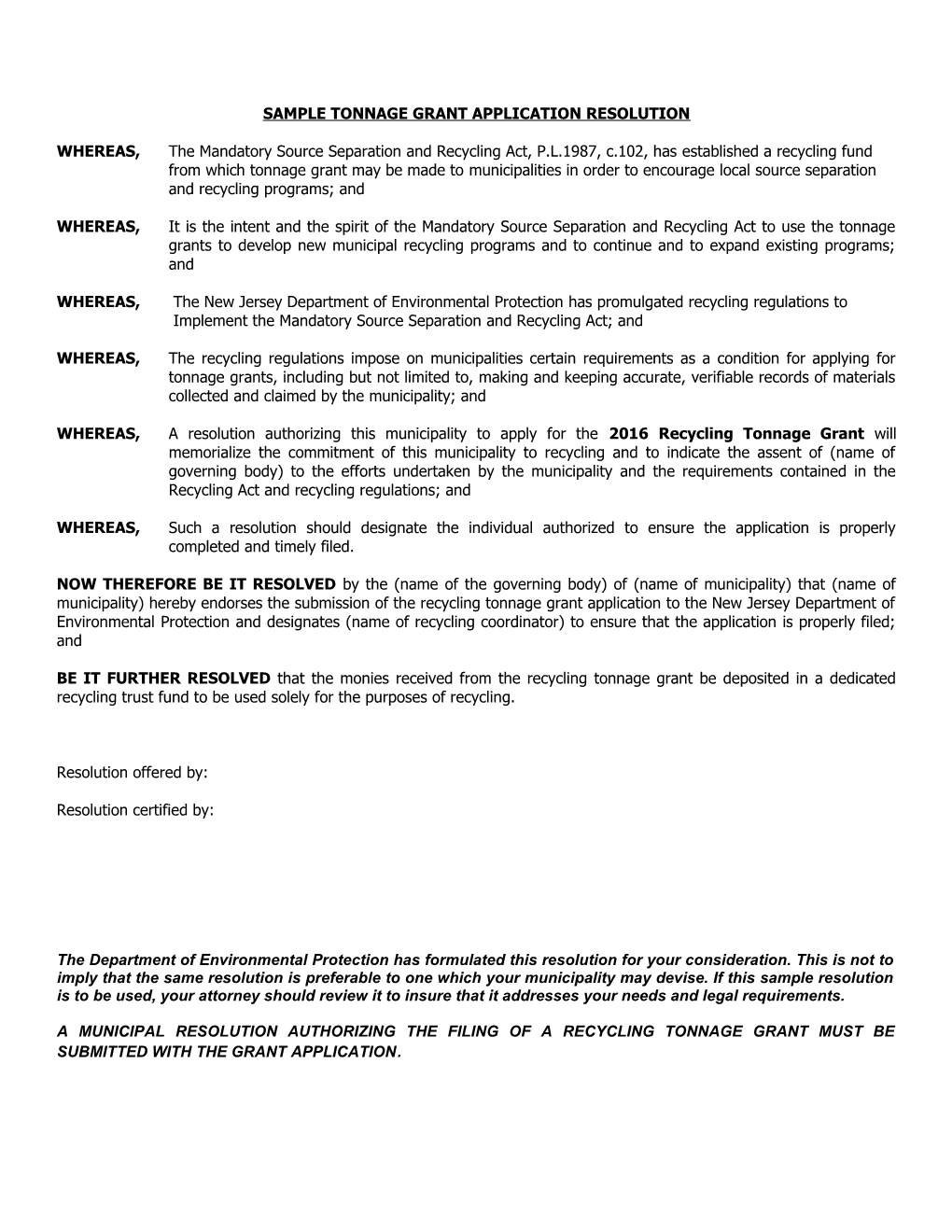 Sample Tonnage Grant Application Resolution