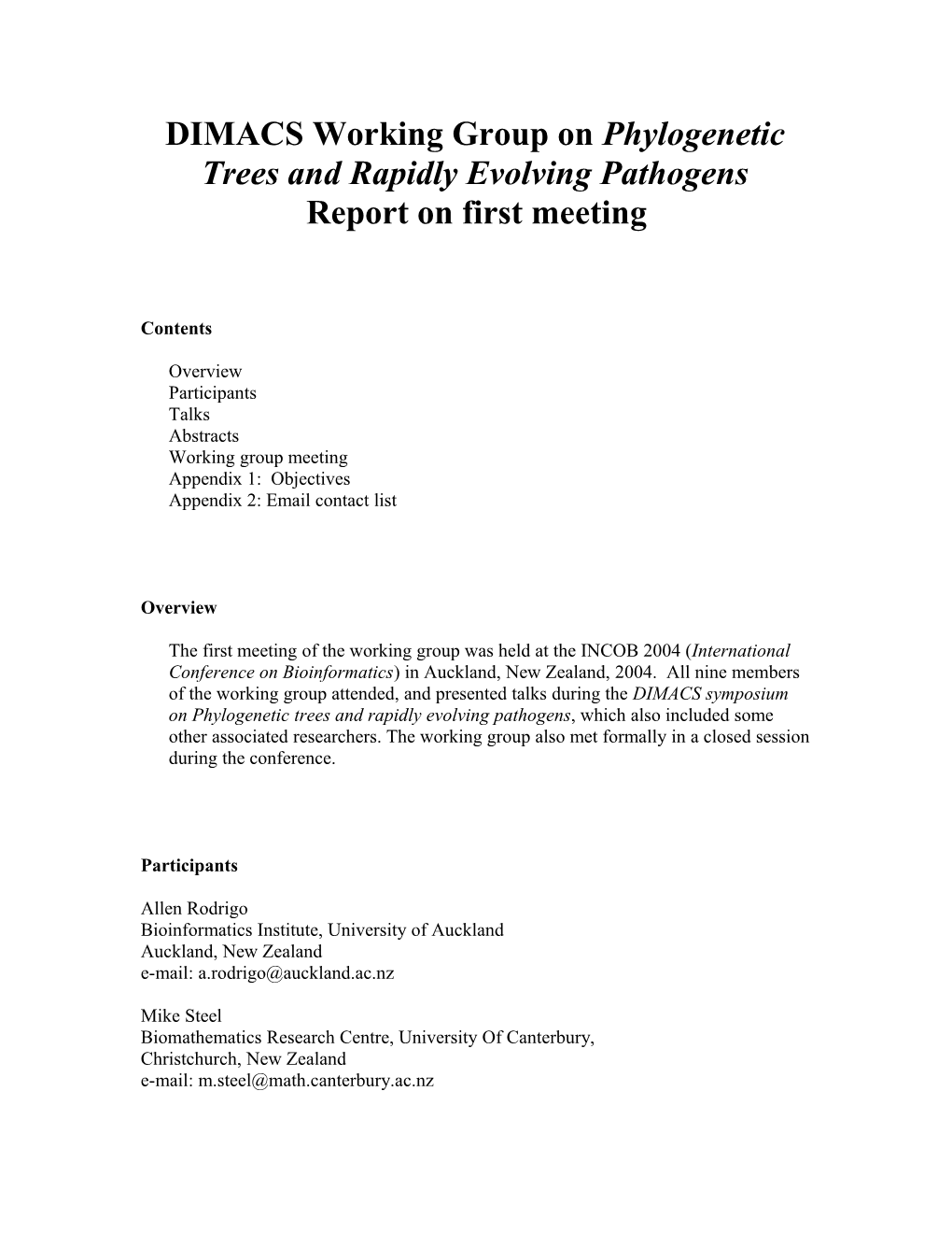 DIMACS Working Group on Phylogenetic Trees and Rapidly Evolving Pathogens