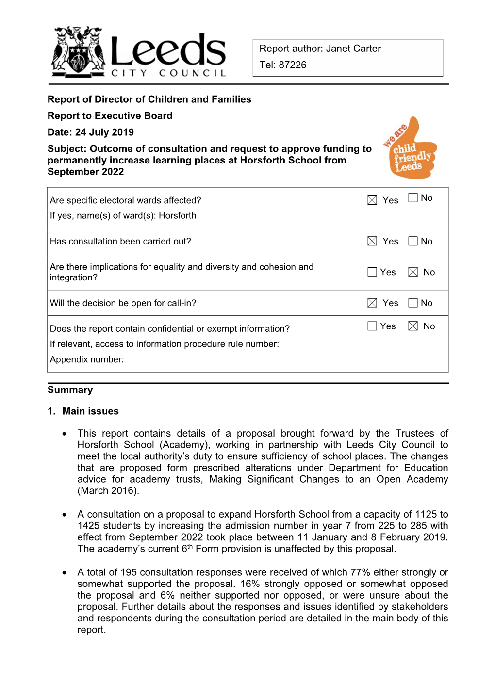 Horsforth School Cover Report 150719