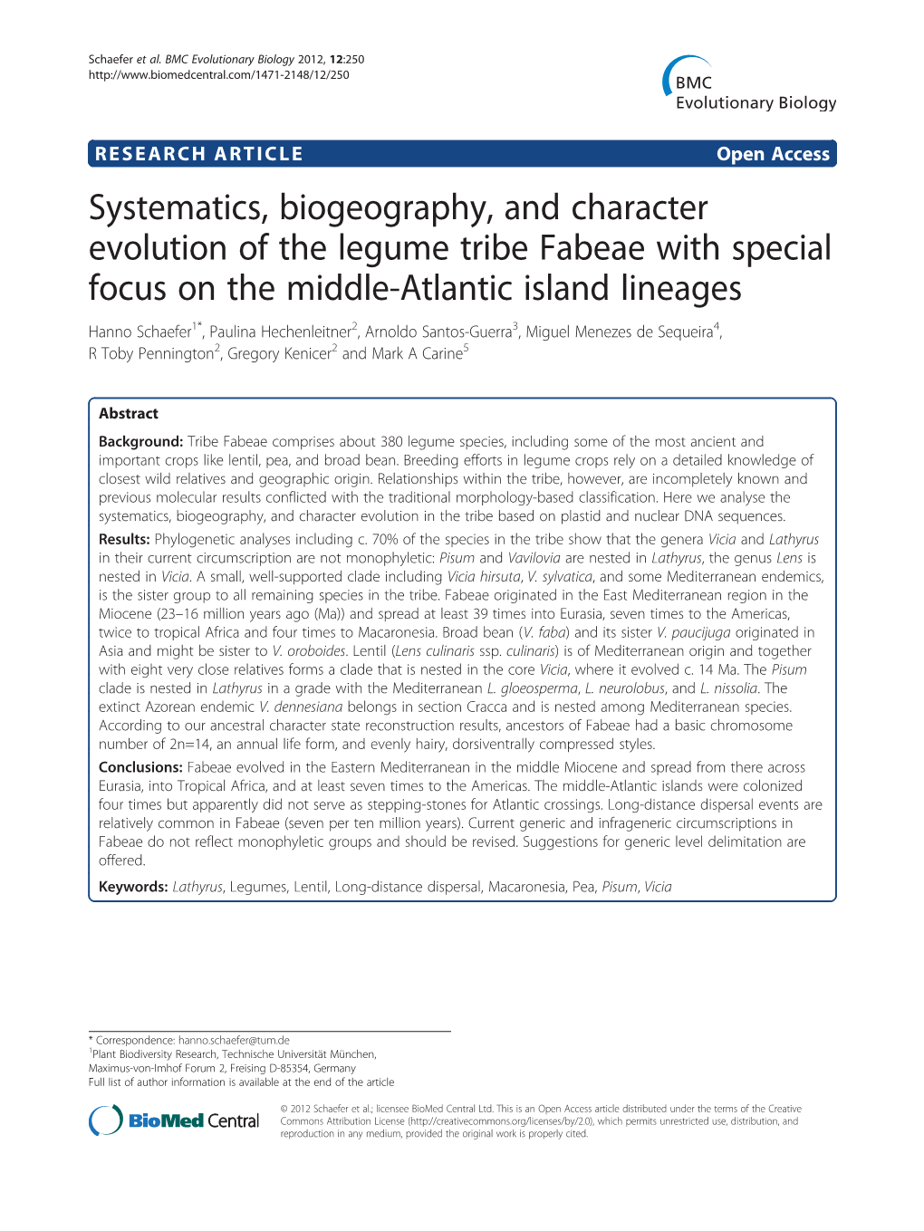 Systematics, Biogeography, and Character Evolution of the Legume Tribe Fabeae with Special Focus on the Middle-Atlantic Island L