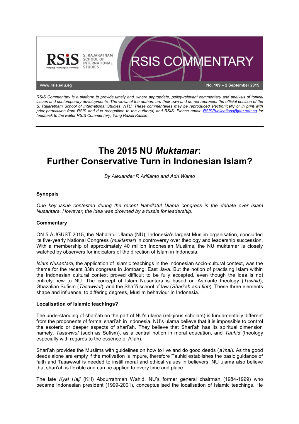 The 2015 NU Muktamar: Further Conservative Turn in Indonesian Islam?