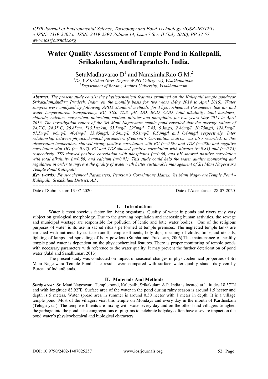 Water Quality Assessment of Temple Pond in Kallepalli, Srikakulam, Andhrapradesh, India