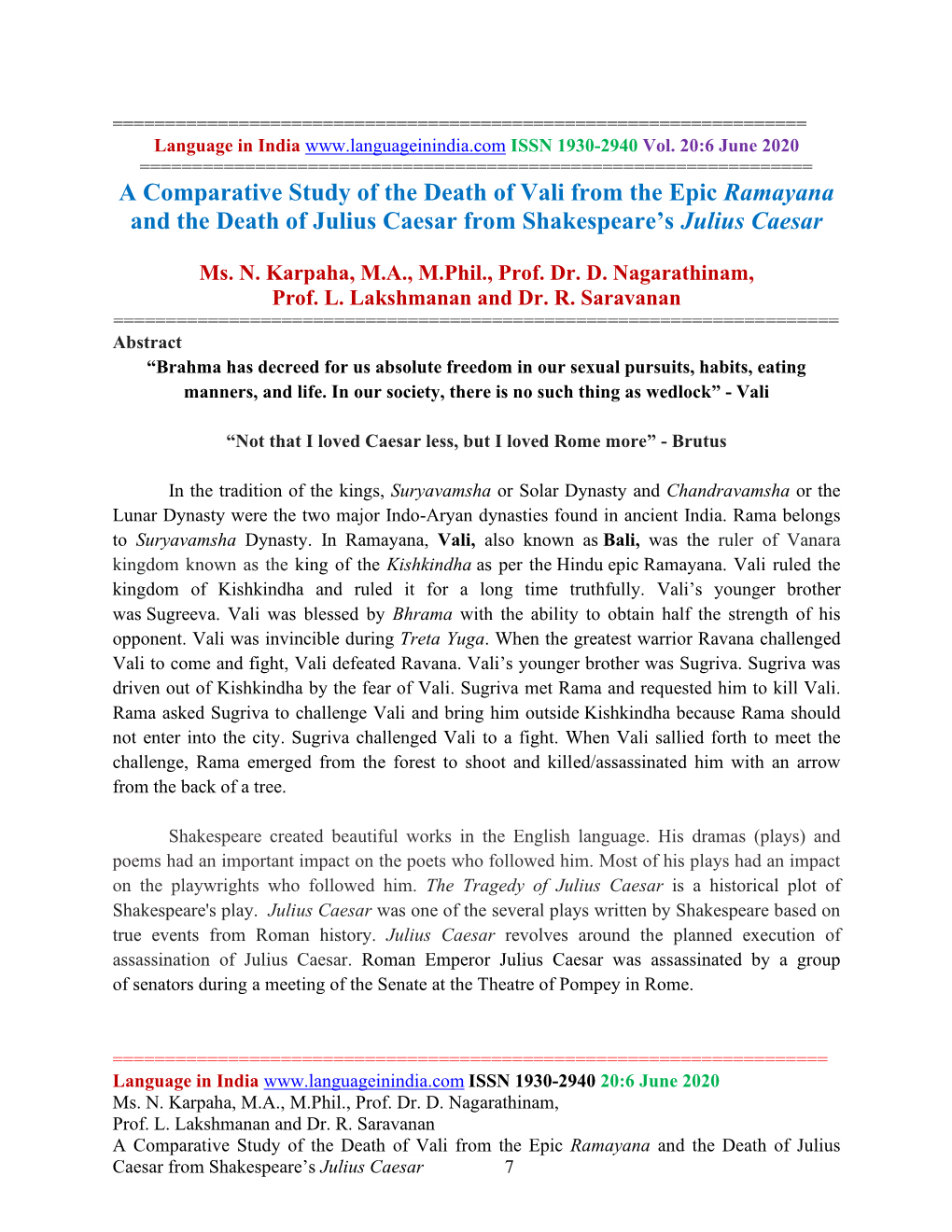 A Comparative Study of the Death of Vali from the Epic Ramayana and the Death of Julius Caesar from Shakespeare’S Julius Caesar