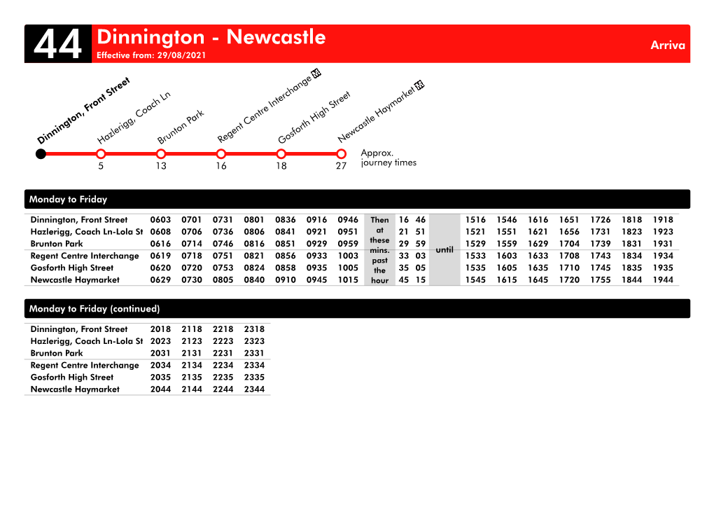 Dinnington - Newcastle Arriva 44 Effective From: 29/08/2021