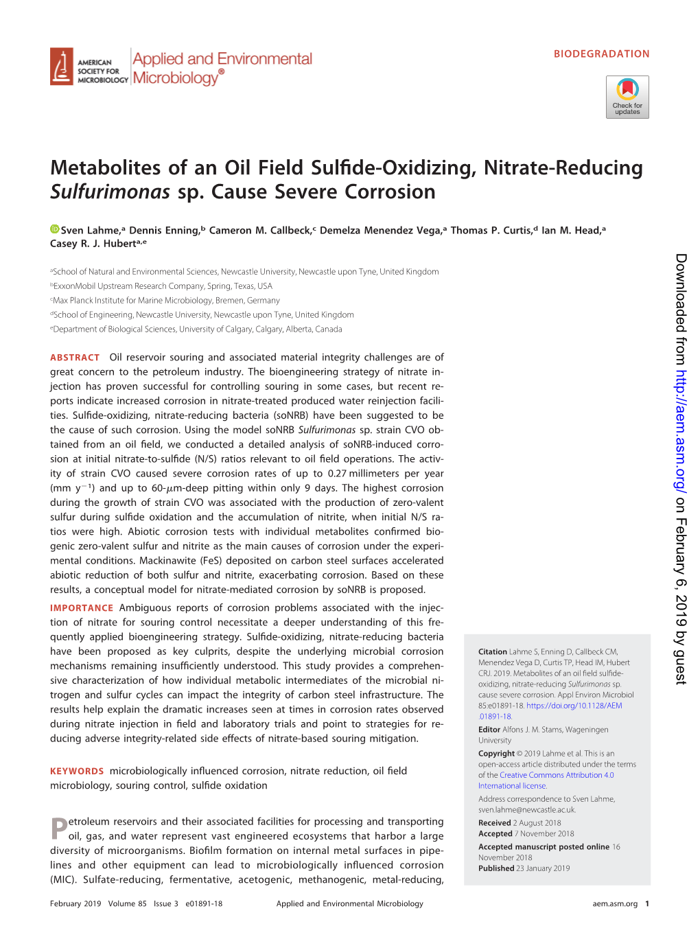 Metabolites of an Oil Field Sulfide-Oxidizing, Nitrate-Reducing Sulfurimonas Sp. Cause Severe Corrosion