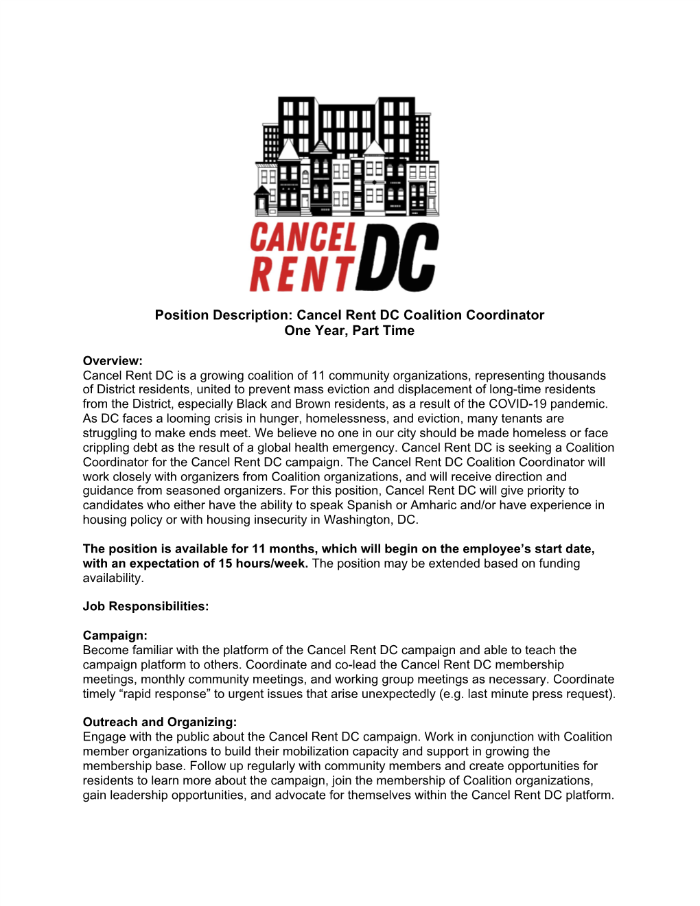 Cancel Rent DC Coalition Coordinator One Year, Part Time