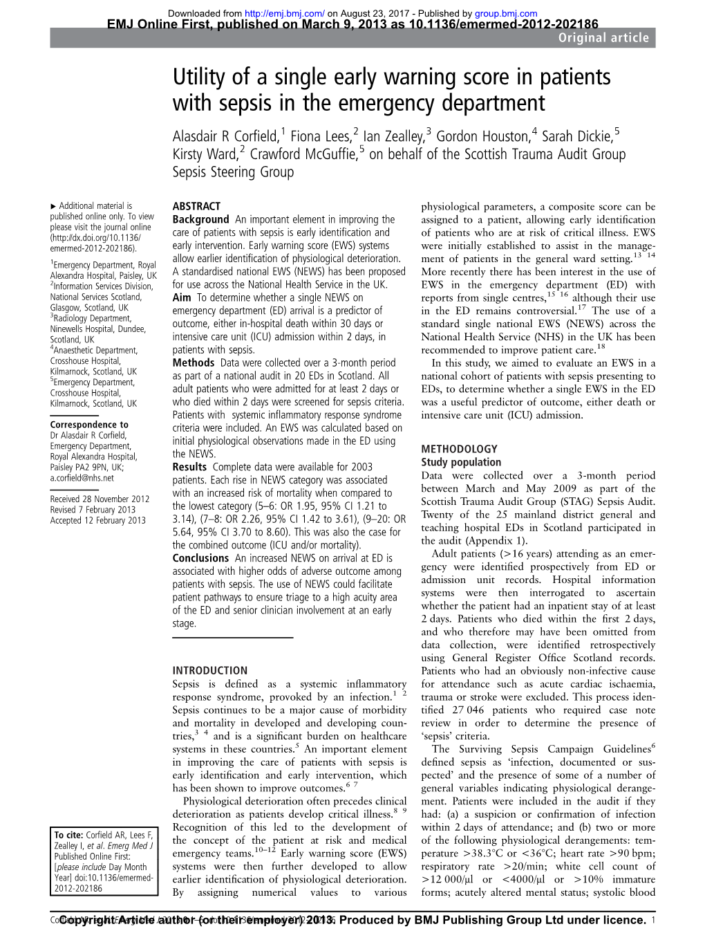 Utility of a Single Early Warning Score in Patients with Sepsis in The