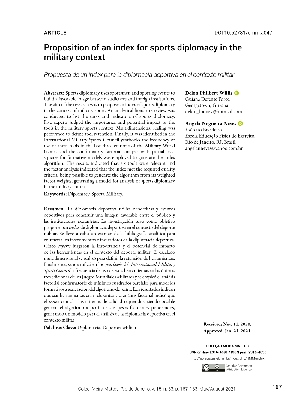 Proposition of an Index for Sports Diplomacy in the Military Context