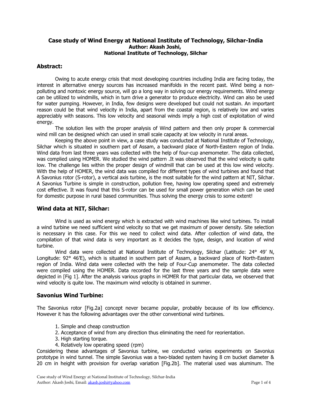 Case Study of Wind Energy at National Institute of Technology, Silchar-India