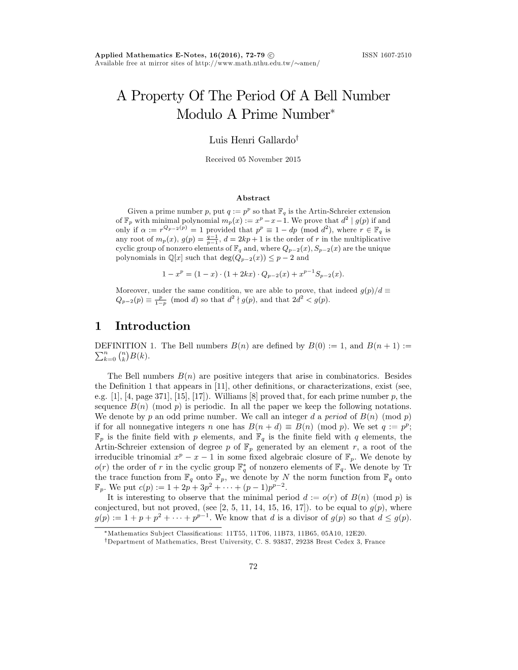 A Property of the Period of a Bell Number Modulo a Prime Number∗