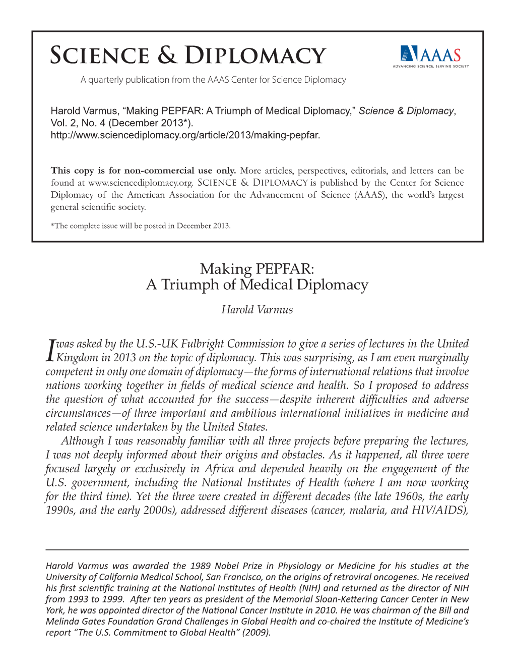 Making PEPFAR: a Triumph of Medical Diplomacy,” Science & Diplomacy, Vol