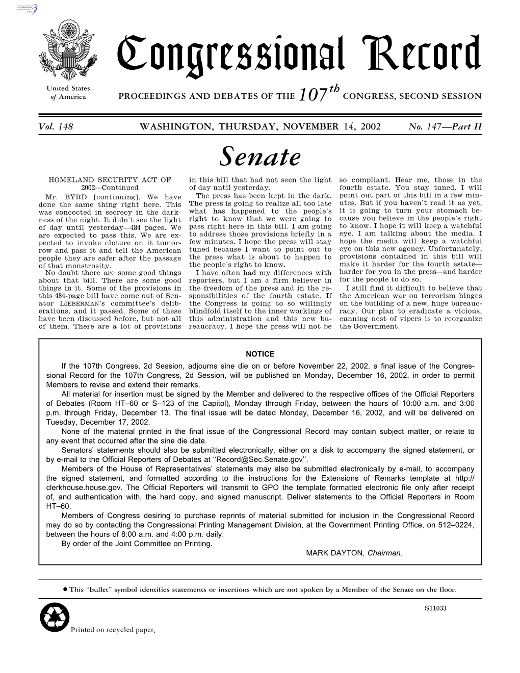 Congressional Record United States Th of America PROCEEDINGS and DEBATES of the 107 CONGRESS, SECOND SESSION