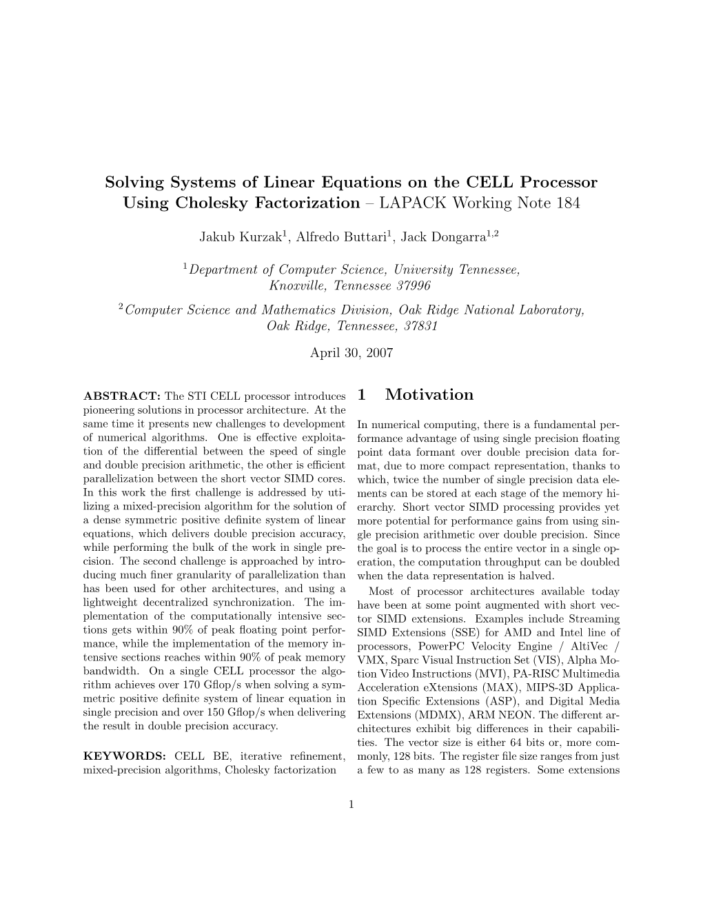 Solving Systems of Linear Equations on the CELL Processor Using Cholesky Factorization – LAPACK Working Note 184