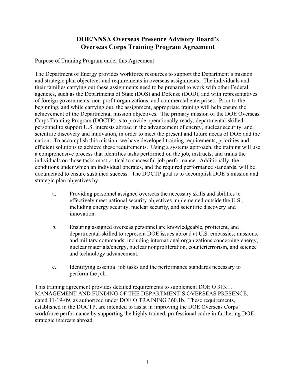 DOE/NNSA Overseas Presence Advisory Board's Overseas Corps Training Program Agreement