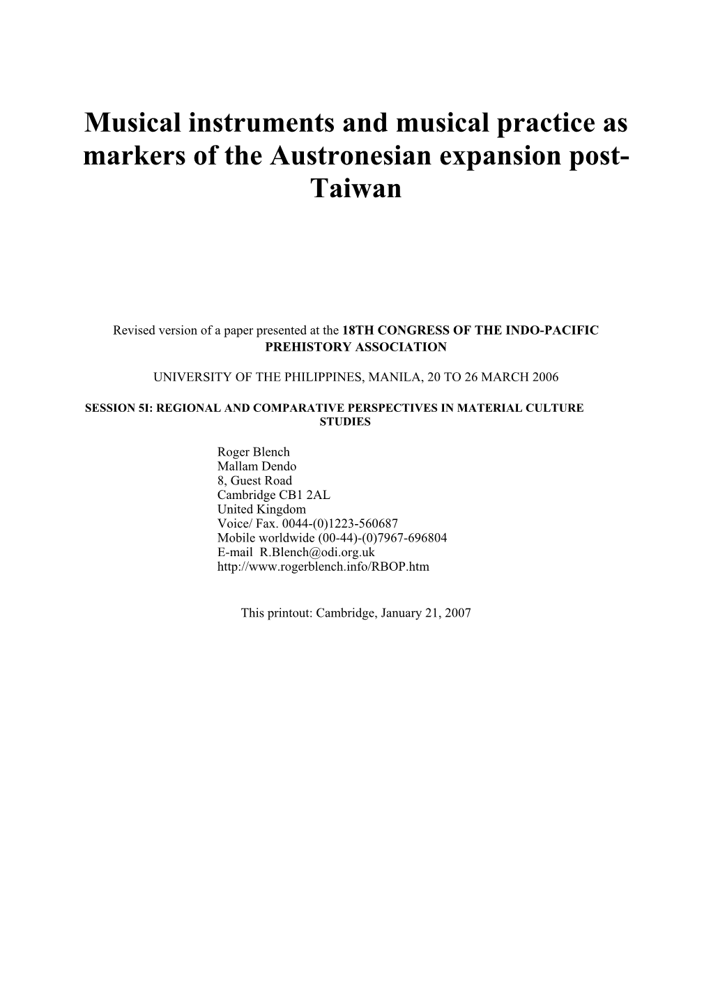 Musical Instruments and Musical Practice As Markers of the Austronesian Expansion Post- Taiwan