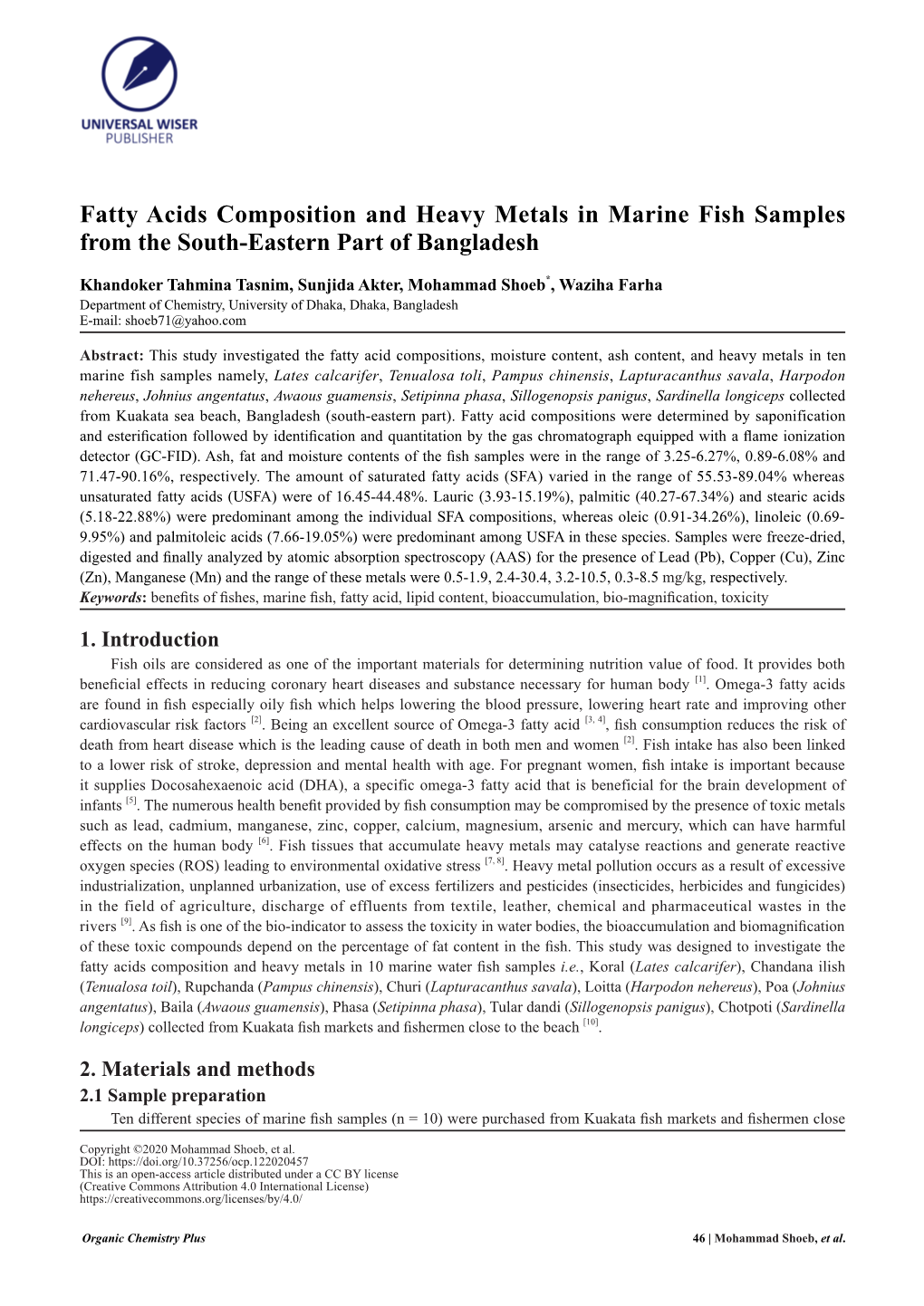 Fatty Acids Composition and Heavy Metals in Marine Fish Samples from the South-Eastern Part of Bangladesh