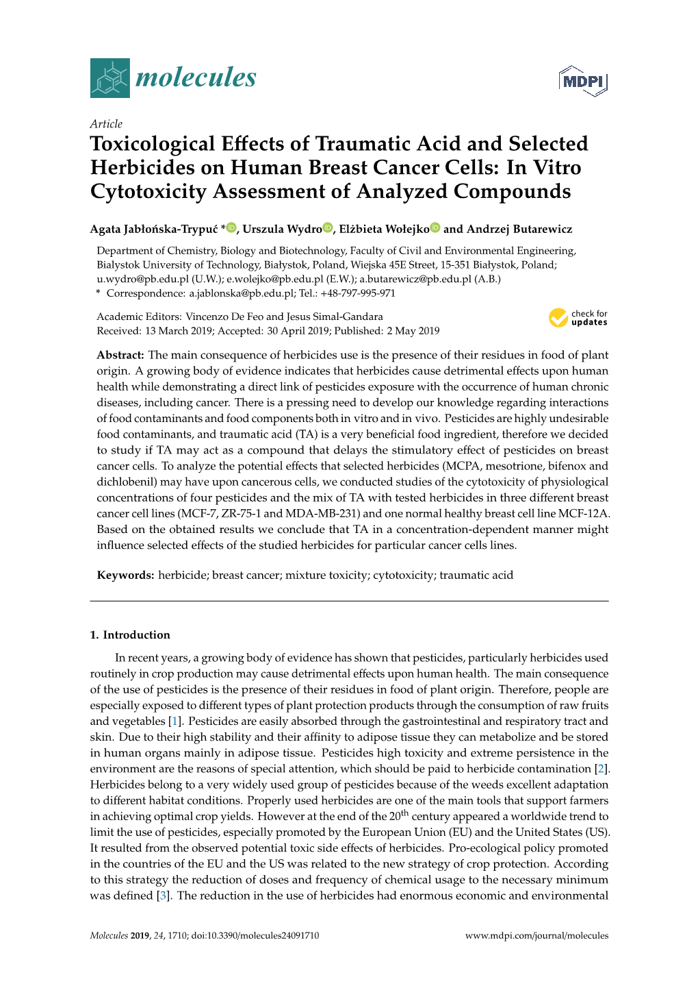 Toxicological Effects of Traumatic Acid and Selected Herbicides On