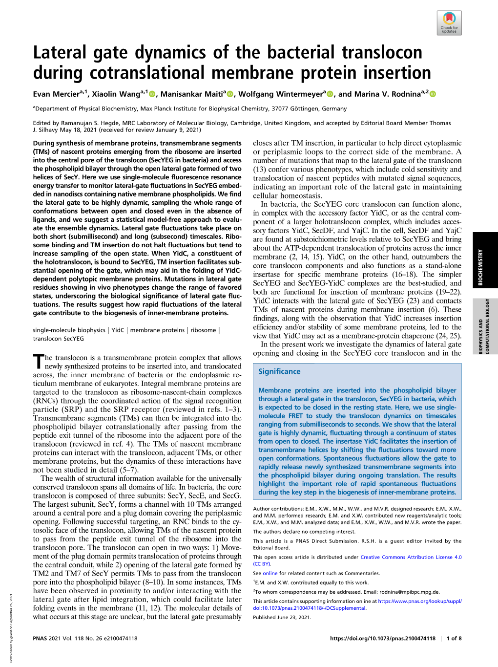 Lateral Gate Dynamics of the Bacterial Translocon During Cotranslational Membrane Protein Insertion