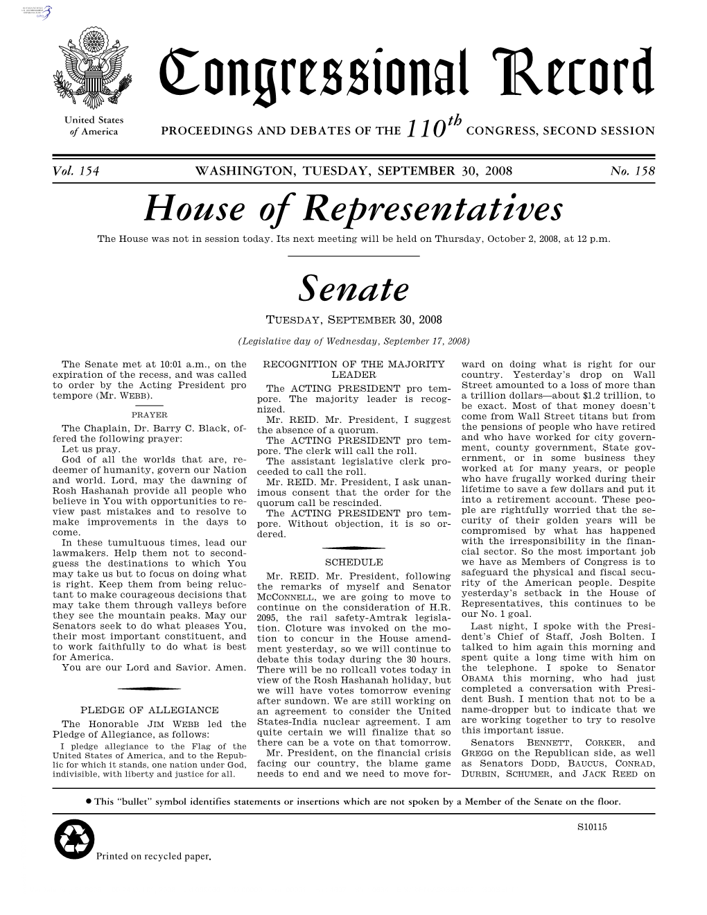 Congressional Record United States Th of America PROCEEDINGS and DEBATES of the 110 CONGRESS, SECOND SESSION