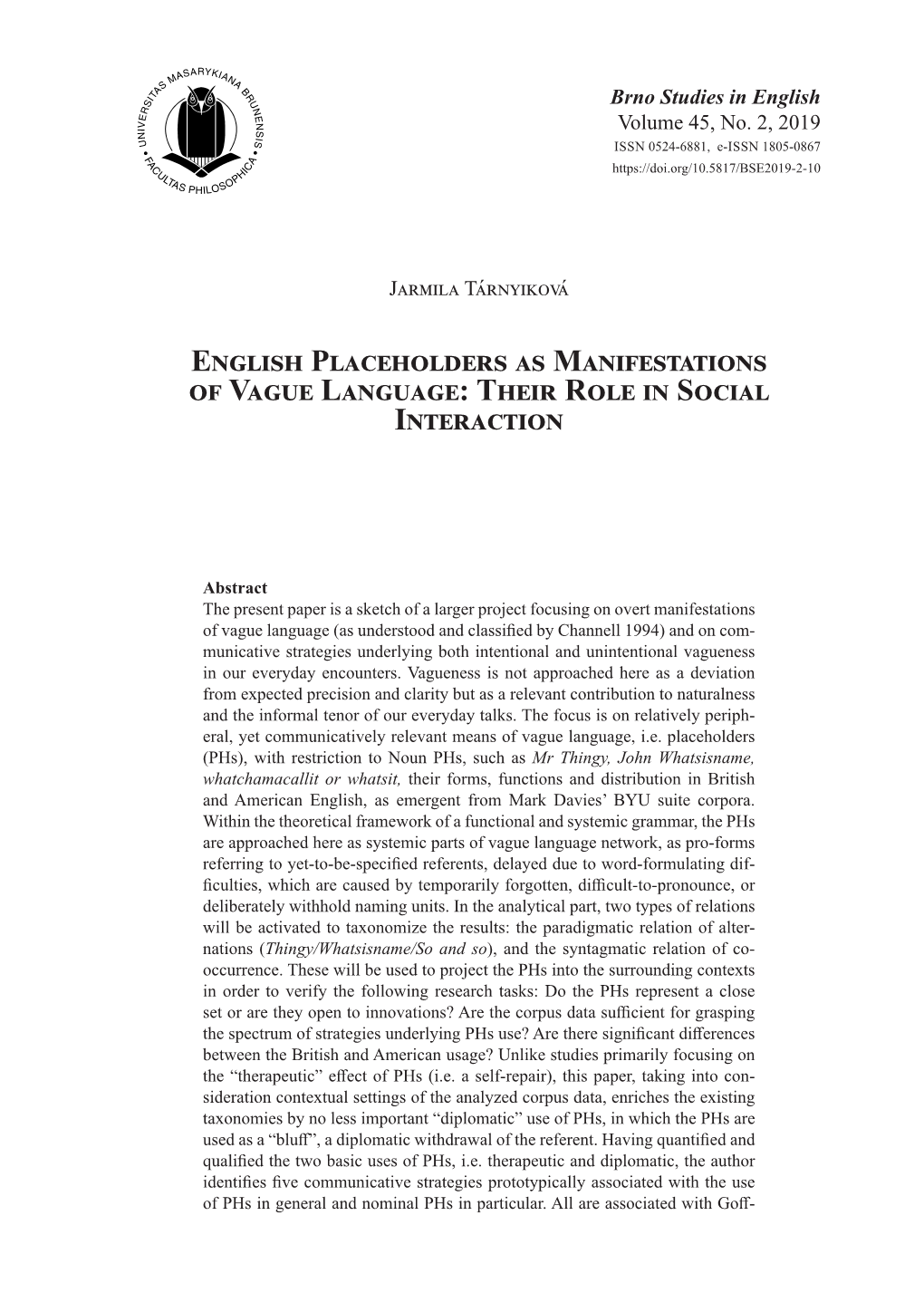 English Placeholders As Manifestations of Vague Language: Their Role in Social Interaction