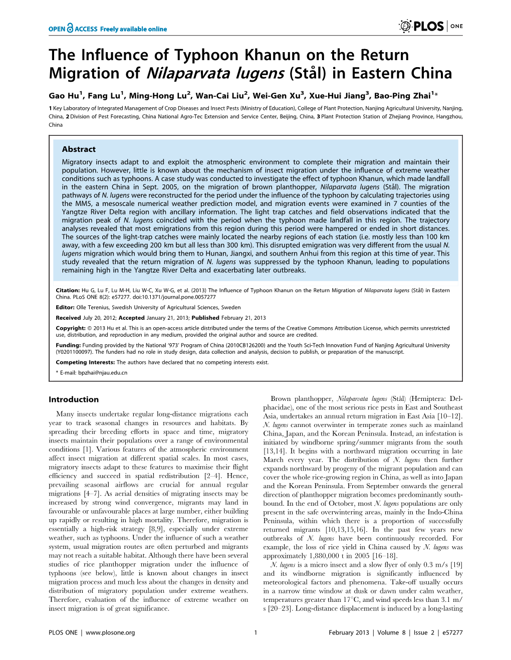 The Influence of Typhoon Khanun on the Return Migration of Nilaparvata Lugens (Stål) in Eastern China