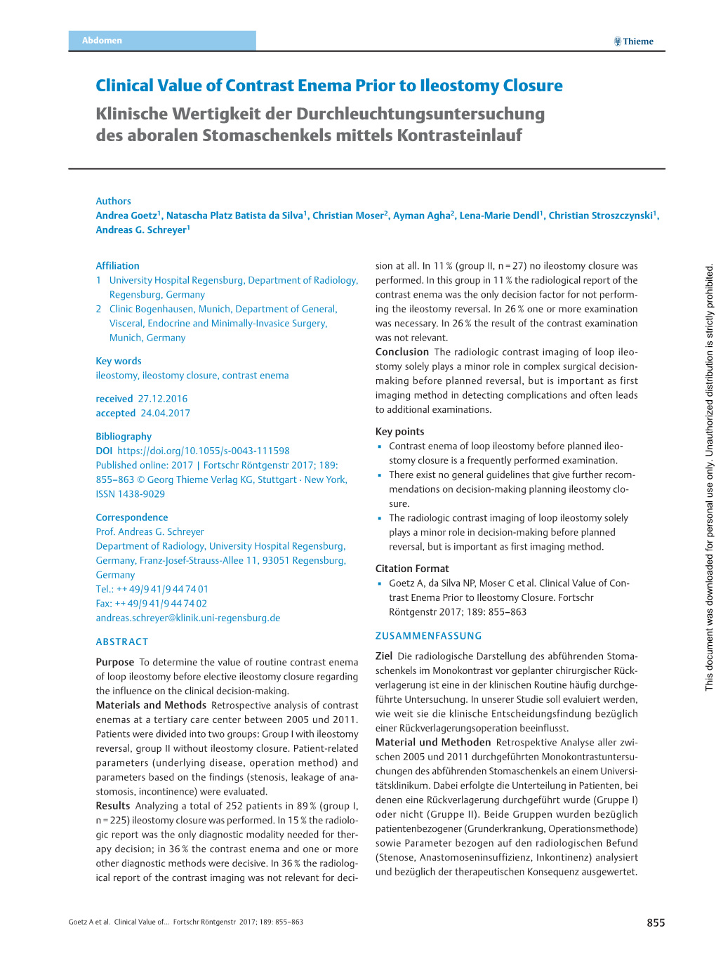 Clinical Value of Contrast Enema Prior to Ileostomy Closure Klinische Wertigkeit Der Durchleuchtungsuntersuchung Des Aboralen Stomaschenkels Mittels Kontrasteinlauf